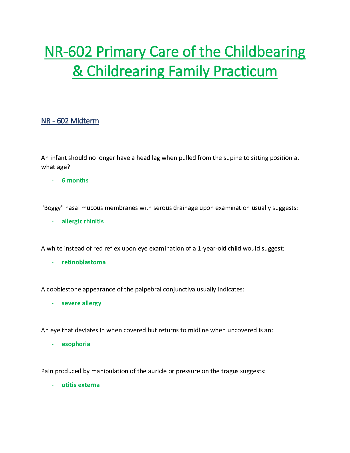 Preview of NR602 / NR-602 Midterm Exam (Latest Update): Primary Care of the Childbearing & Childreari